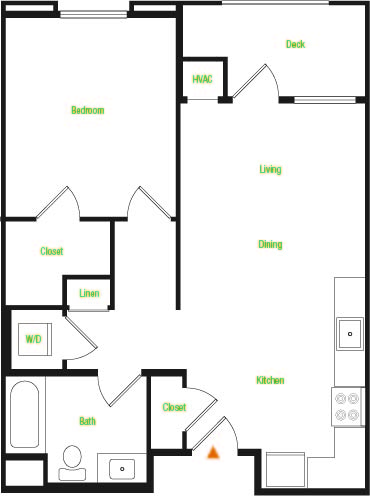 Floor plan for 1 bed, 1 bath, 677 sqft